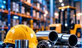 Industrial warehouse with steel pipes and a safety helmet
